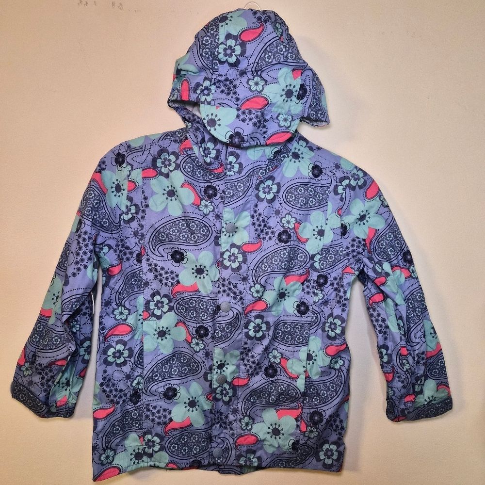 VGUC REI Floral Paisley Blue Violet Zip Up Raincoat Jacket Girls Sz 4-5